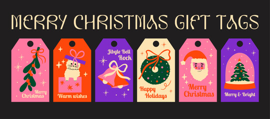 Merry Christmas vector gift tags design, cards, labels, sticker elements set for winter holidays. Collection of cute groovy funky cartoon illustration xmas tree, snow ball, wreath, mistletoe, present