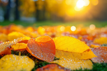 Dew on yellow leaves on ground, soft morning sunlight