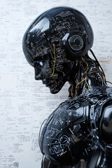 Poster - A robotic figure's intricate design showcases advanced circuitry set against technical notes