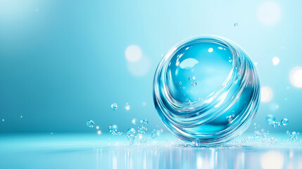 Poster - A transparent sphere rests on a surface, with water droplets splashing around it, set against a calming turquoise hue