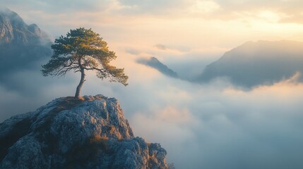 Wall Mural - A single tree stands on a cliff overlooking a misty valley at sunrise.