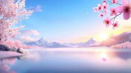 Poster - A picturesque anime background featuring a tranquil lake surrounded by cherry blossoms and mountains, ideal for crafting serene visuals for websites or art.
