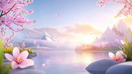Poster - A picturesque anime background featuring a tranquil lake surrounded by cherry blossoms and mountains, ideal for crafting serene visuals for websites or art.