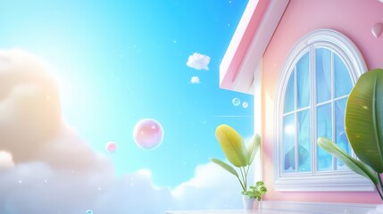 Poster - A picturesque anime house background filled with whimsical elements like floating plants and colorful windows, perfect for enhancing imaginative storytelling.