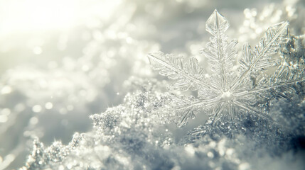 Intricate snowflake on sparkling winter ground captures nature's frozen beauty