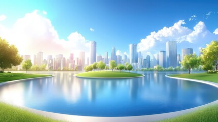 Poster - A serene anime city background featuring a tranquil park surrounded by skyscrapers, ideal for enhancing themes of relaxation and urban living in creative projects.