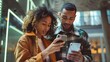 © Viktoriia - A couple engaged in a moment of connection while exploring their devices in a bustling urban setting