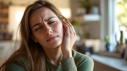 Poster - Woman experiencing a painful neck spasm, touching her face with a painful expression, highlighting the discomfort and disruption caused by neck pain
