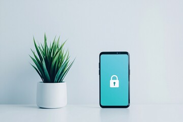 Poster - A mobile device displaying a security app with a prominent padlock icon, set on a clean, white desk. The minimalistic setting leaves ample room for copy space.