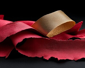 A close-up of rich red fabric folds blending with a metallic gold ribbon, creating an abstract yet sophisticated scene.