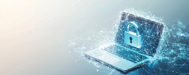 Poster - A minimalist scene featuring a secure network connection on a laptop screen, with a digital lock overlaying the image. The clean design offers ample copy space for branding or messaging.