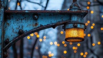 Sticker - Rusty street lamp with a warm glow against a blurred background of city lights.