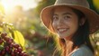 © Old Man Stocker - Smiling Woman in Coffee Plantation with Cherries. Woman in a straw hat smiles under the warm sunlight amidst coffee plants loaded with cherries, embodying joy and sustainable farming practices.