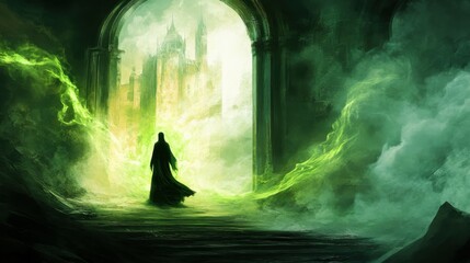 figure engulfed in icy mist within an ancient castle, ethereal green light swirling around, mystical atmosphere, twilight outside