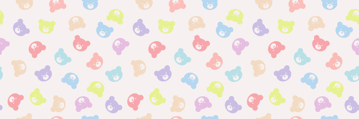 Poster - Colorful pastel baby bear vector pattern banner, seamless repeating background or cover design cute wallpaper illustration