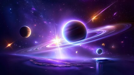 Poster - A vibrant purple cosmic background showcasing nebulae and celestial bodies, ideal for creating a sense of wonder and exploration in science-themed designs.