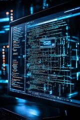 Poster - a close-up of a monitor showing a dark web search bar, surrounded by encrypted code, with dark tones