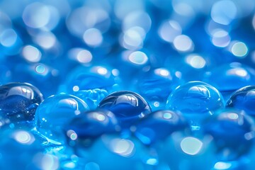 Vibrant close-up of blue gel marbles with soft bokeh background. Concept of blue Monday
