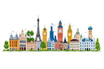 Famous European city landmarks, hand-drawn flat style illustration, isolated on white background