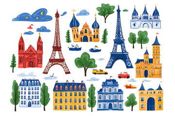 Famous European city landmarks, hand-drawn flat style illustration, isolated on white background