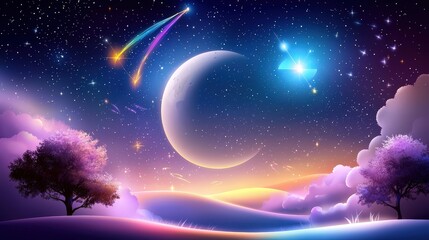 Poster - A whimsical anime night sky scene filled with colorful shooting stars and glowing constellations, ideal for creating magical visuals for branding or marketing.