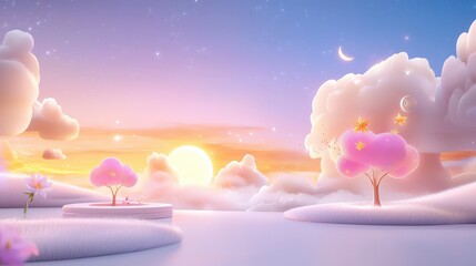 Poster - A whimsical anime sunset background with fantasy elements like floating islands and glowing creatures, perfect for enhancing creative storytelling in art.