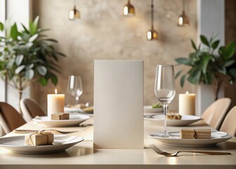 Poster - Elegant Scandinavian Style Menu Card Mockup on Minimalist Table Setting in Neutral Beige Tones, Perfect for Modern Dining Spaces and Restaurant Promotions, Space for Custom Text