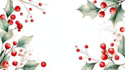 Poster - An artistic Christmas frame showcasing elegant holly leaves and bright red berries arranged in the corners, all presented on a transparent background.