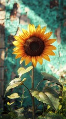 Wall Mural - A vibrant sunflower blooming against a textured turquoise wall in warm daylight