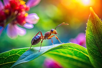 Wall Mural - Close-Up of an Ant on a Green Leaf in a Lush Garden - Nature's Tiny Wonders, Macro Photography, Insect Exploration, Garden Life, Daylight Beauty