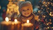© QITIAN - Smiling young girl with long blonde hair in a cozy winter hat surrounded by holiday lights.