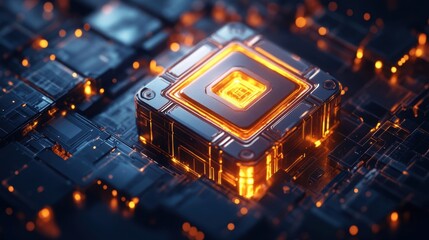 A glowing chip on a circuit board. This image is great for projects about technology, innovation, and progress.