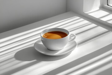 Poster - A tranquil cup of coffee rests on a white table in sunlight with soft shadows casting around