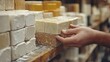 © Iona - Hands evaluate a variety of soap bars on a shelf, exploring textures and scents in a delicate balance of selection.