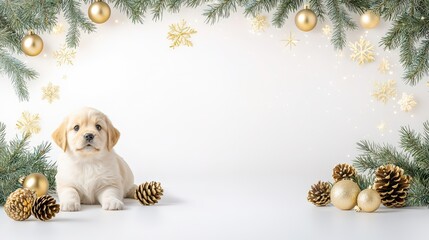 Wall Mural - Festive holiday frame with vintage-style gold ornaments, natural pinecones, and green pine branches outlining a white background, ideal for classy holiday themes