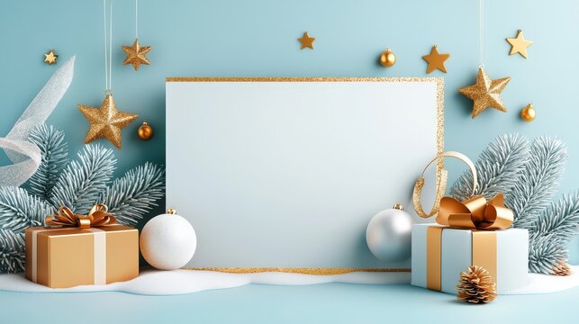 Shimmering Christmas card frame with golden glitter, stars, and soft snow effects creating a magical holiday look.