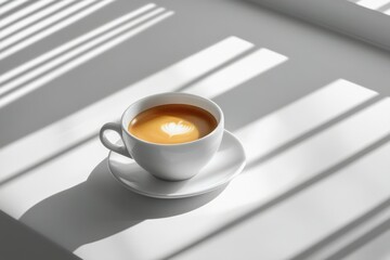 Poster - A warm cup of coffee resting on a white surface with soft shadows in the afternoon light