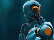 © Q STOCK - robot Ai standing and thinking, blue and orange, left hand to chin, line in the background