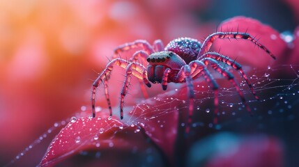 A colorful spider adorned with delicate patterns climbs a dewy web against a dreamy, blurred bokeh background.