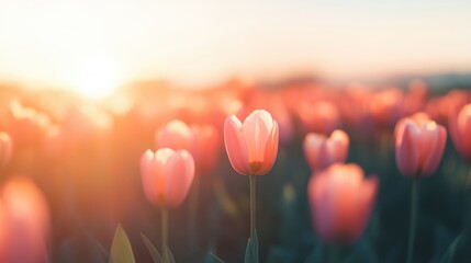 Wall Mural - Tulips bloom brightly in a sprawling field, illuminated by the warm sunlight of early morning, creating a stunning display of nature