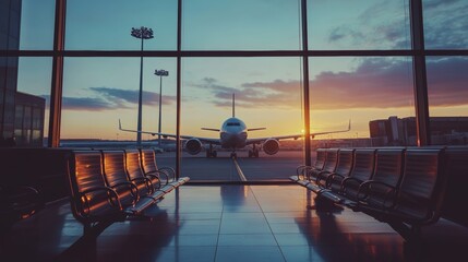 Aufkleber - Airplane is standing on the tarmac outside an airport gate, being prepared for boarding as the sun sets. Empty seats are waiting for passengers inside the terminal
