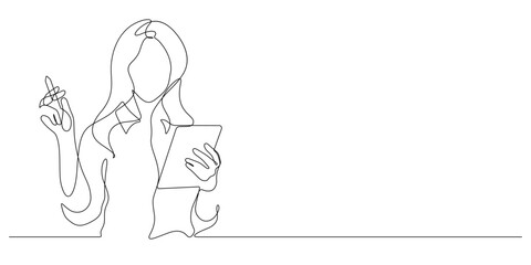 business woman using digital tablet one line drawing continuous