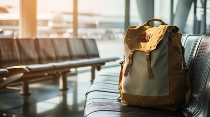 Aufkleber - Backpack is resting on empty seats in an airport terminal, bathed in warm sunlight streaming through the windows. The atmosphere suggests anticipation and the excitement of upcoming travel