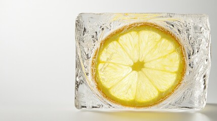 Poster - A frozen lemon slice encased in ice, showcasing a refreshing drink element.