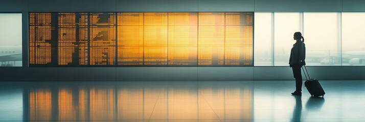 Poster - Businesswoman waits in an airport terminal, checking the flight schedule amidst travelers, capturing the essence of corporate travel