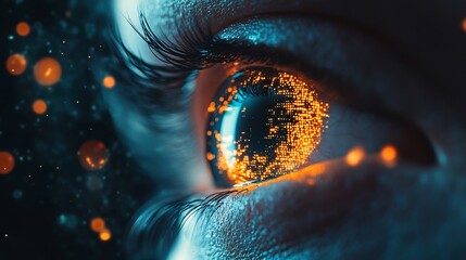 Poster - Human eye showing futuristic digital data visualization inside iris