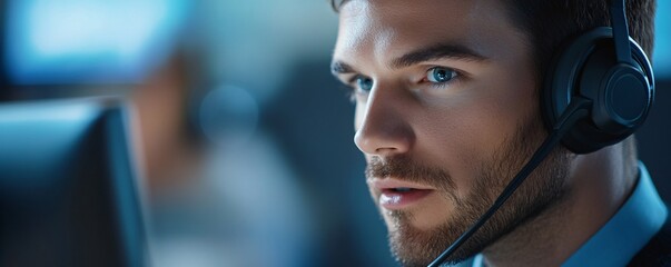 Poster - Focused male call center operator working late at night in office