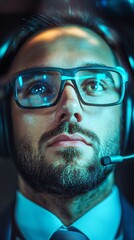 Aufkleber - Businessman wearing headset and glasses working late at night in office