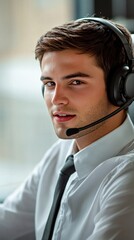 Poster - Call center operator wearing headset and working on computer