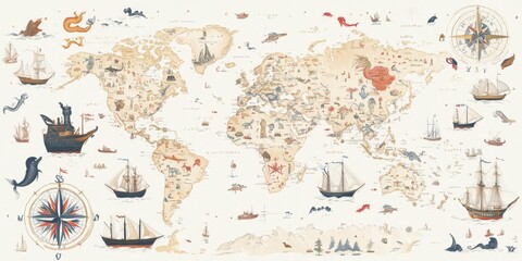 Naklejka na meble Illustrated World Map with Ships and Compass